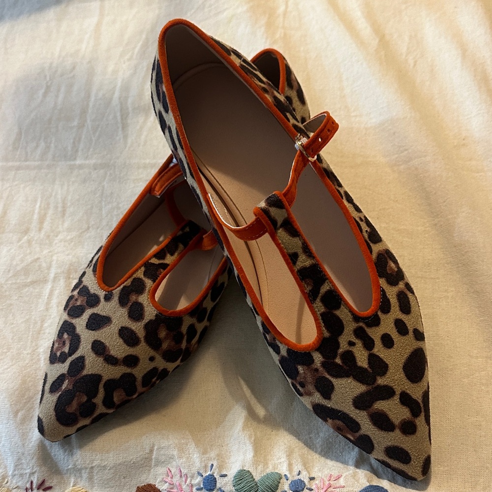 Leopard Print Women's T-Strap flats with Orange Accents